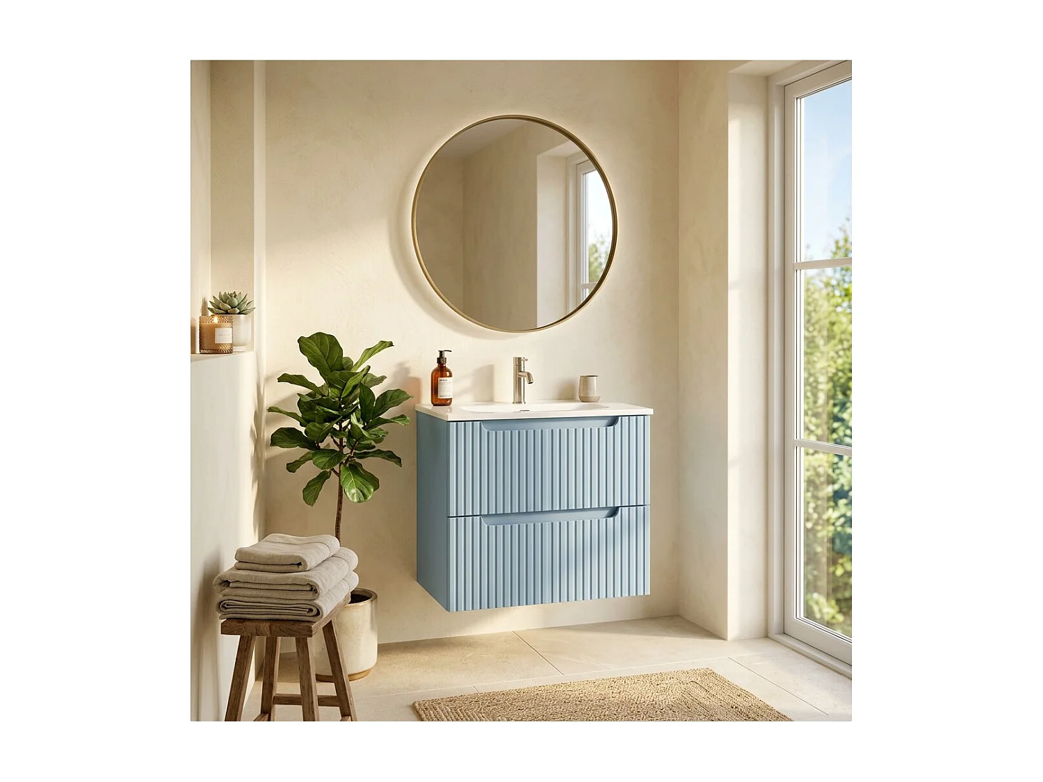 Ensemble de salle de bain suspendu VANO bleu denim 60cm : meuble sous vasque à tiroirs + vasque à encastrer blanche