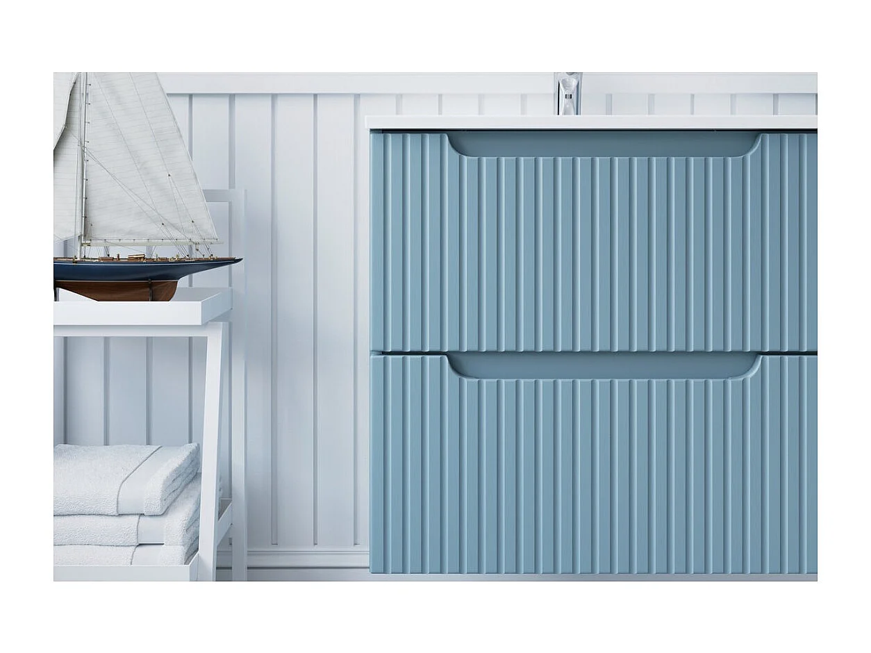 Ensemble de salle de bain suspendu VANO bleu denim 60cm : meuble sous vasque à tiroirs + vasque à encastrer blanche