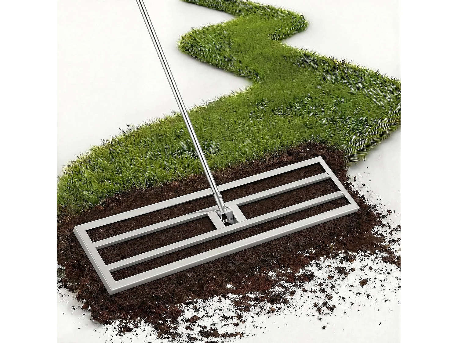 YODOLLA Rastrello Livellatore per Prato in Acciaio Inossidabile, Manico Regolabile, per Giardini e Campi da Golf, 195x102x25cm, Argento