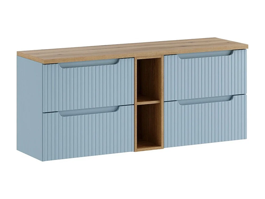 Conjunto suspendido VANO azul denim y roble claro 140cm: muebles bajo lavabo con cajones y nichos visibles + superficie para lavabo