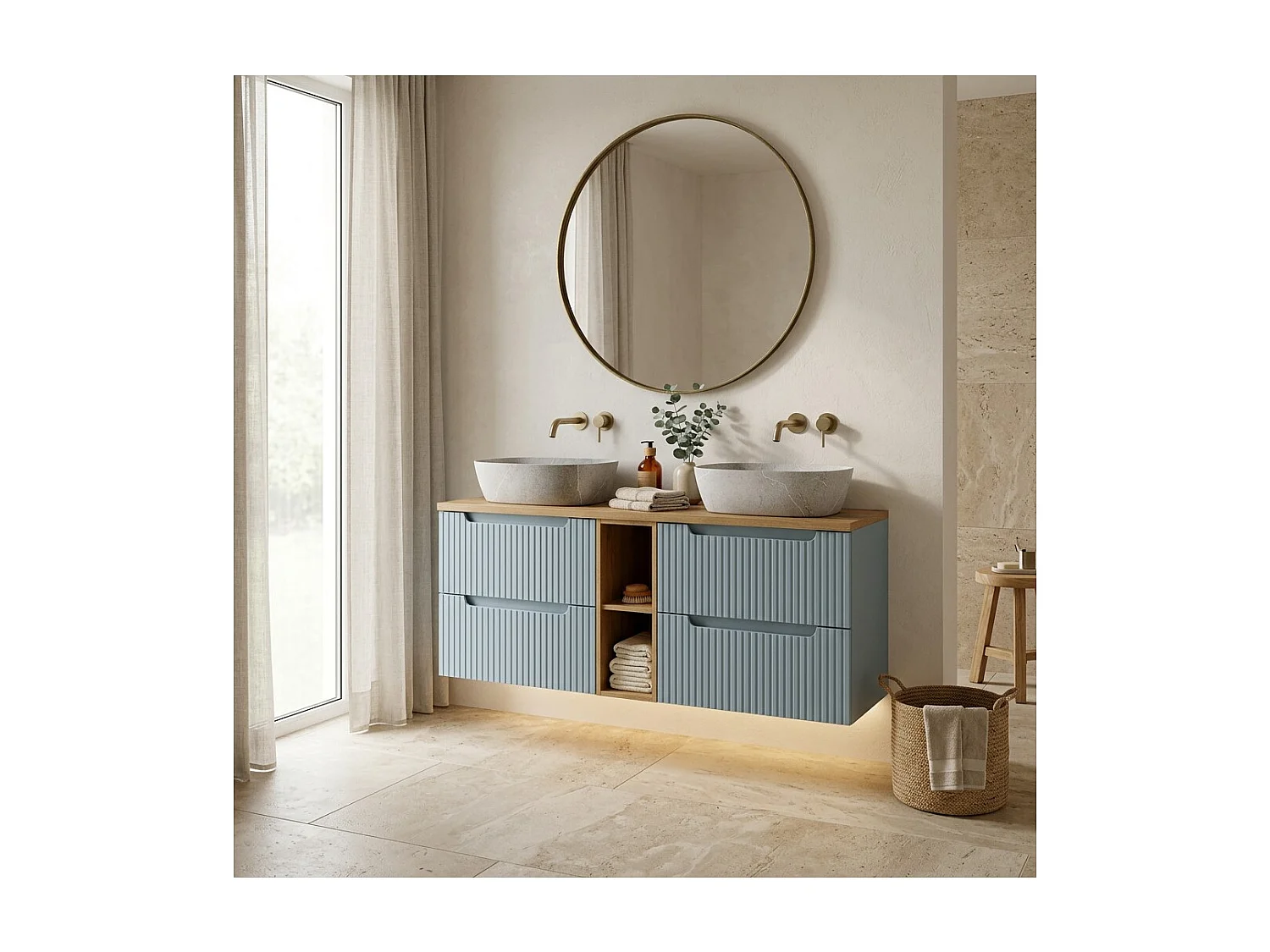 Conjunto suspendido VANO azul denim y roble claro 140cm: muebles bajo lavabo con cajones y nichos visibles + superficie para lavabo