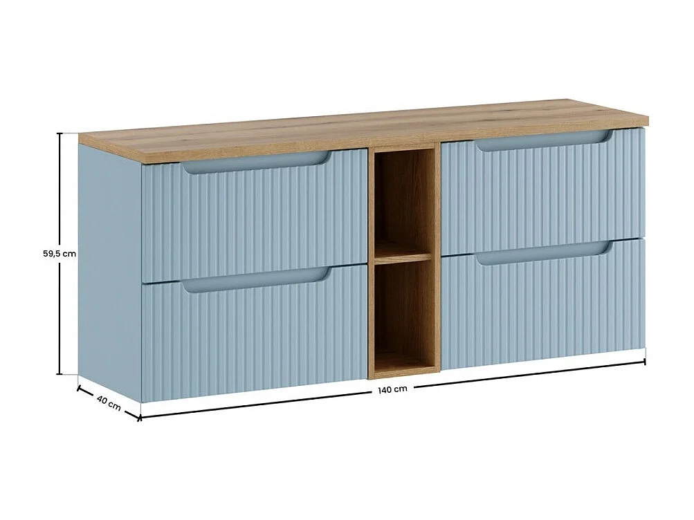 Conjunto suspendido VANO azul denim y roble claro 140cm: muebles bajo lavabo con cajones y nichos visibles + superficie para lavabo