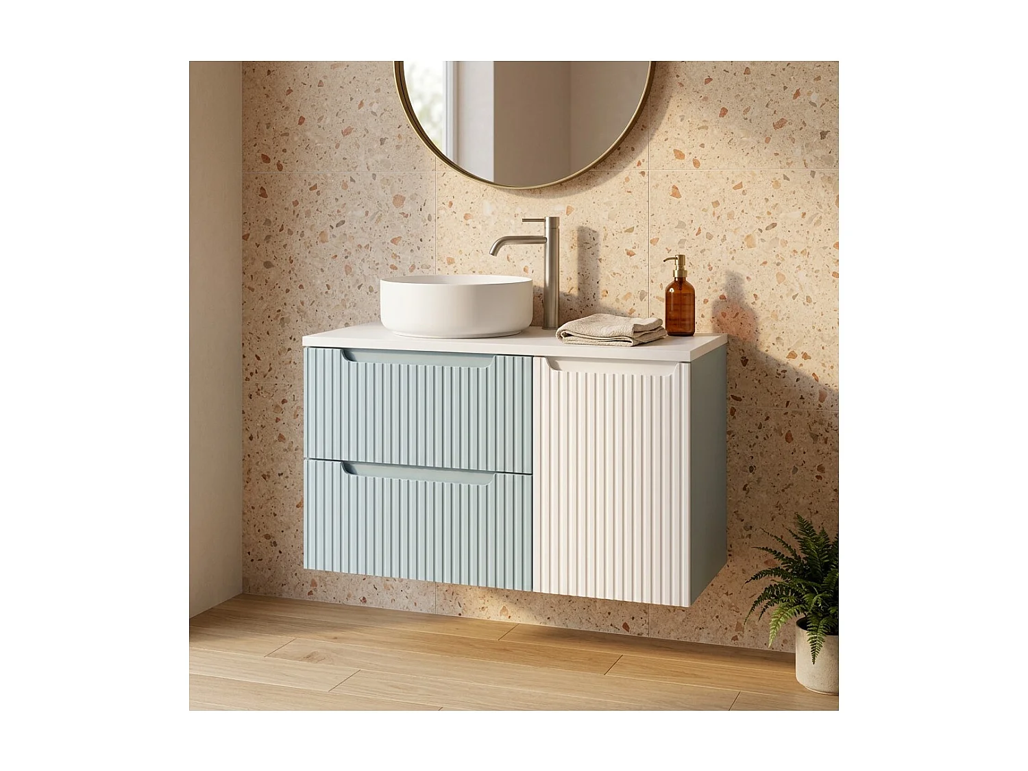 Ensemble VANO bleu denim et blanc 100cm : meubles sous vasque à tiroirs et panier à linge intégré + plan pour vasque