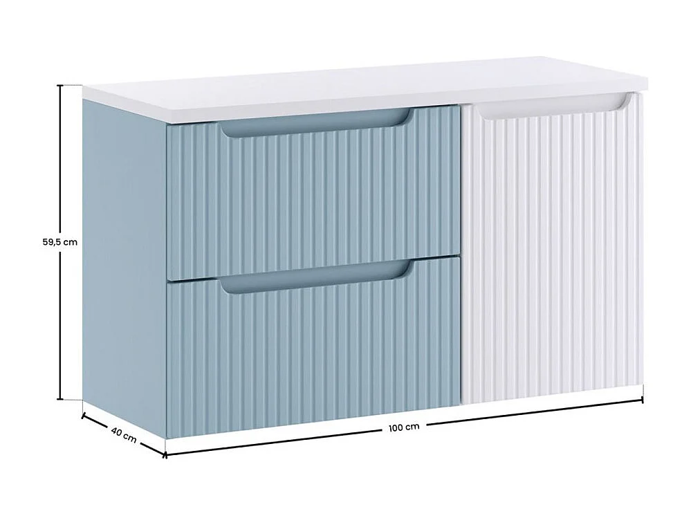 Ensemble VANO bleu denim et blanc 100cm : meubles sous vasque à tiroirs et panier à linge intégré + plan pour vasque
