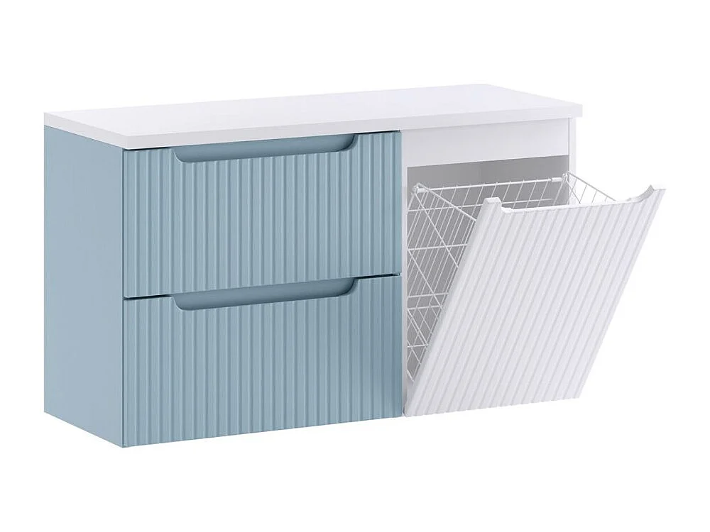 Ensemble VANO bleu denim et blanc 100cm : meubles sous vasque à tiroirs et panier à linge intégré + plan pour vasque