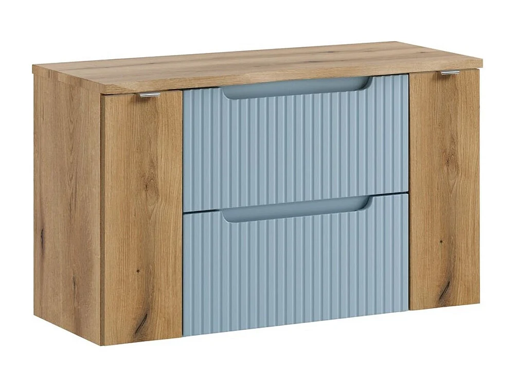 Conjunto suspendido VANO azul denim y roble claro 100cm: muebles bajo lavabo con cajones y armarios + encimera para lavabo