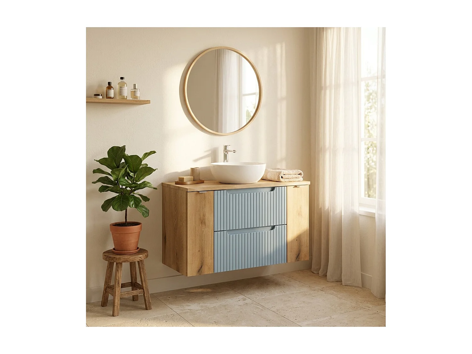Conjunto suspendido VANO azul denim y roble claro 100cm: muebles bajo lavabo con cajones y armarios + encimera para lavabo