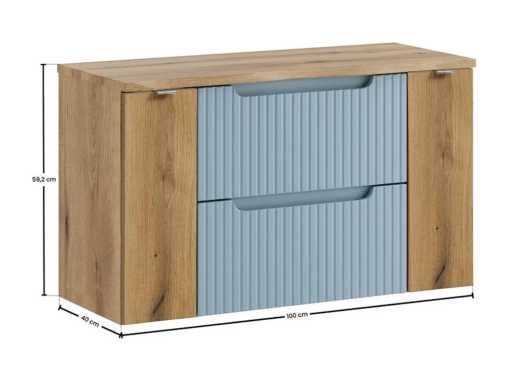 Conjunto suspendido VANO azul denim y roble claro 100cm: muebles bajo lavabo con cajones y armarios + encimera para lavabo