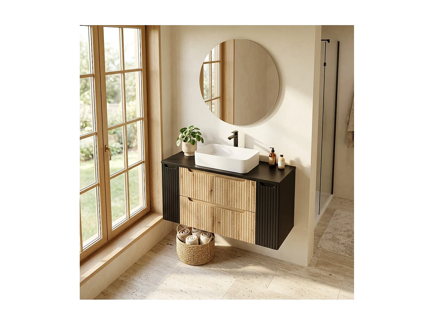 Ensemble de salle de bain suspendu VANO chêne clair et noir 120cm : meubles sous vasque à tiroirs et placards + plan pour vasque