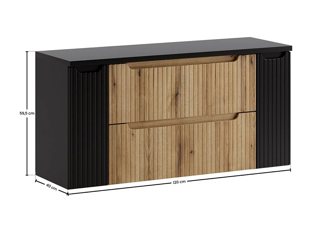 Ensemble de salle de bain suspendu VANO chêne clair et noir 120cm : meubles sous vasque à tiroirs et placards + plan pour vasque