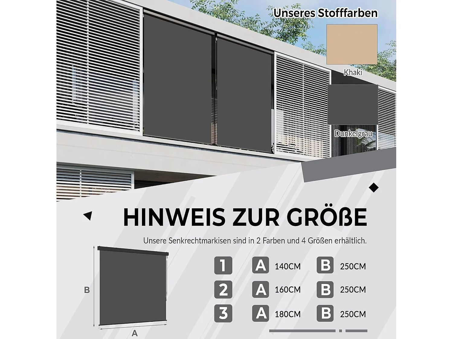 YODOLLA Toldo vertical 180x250cm, Toldo vertical extensible con manivela, Protección solar resistente al clima para jardín y balcón, Gris