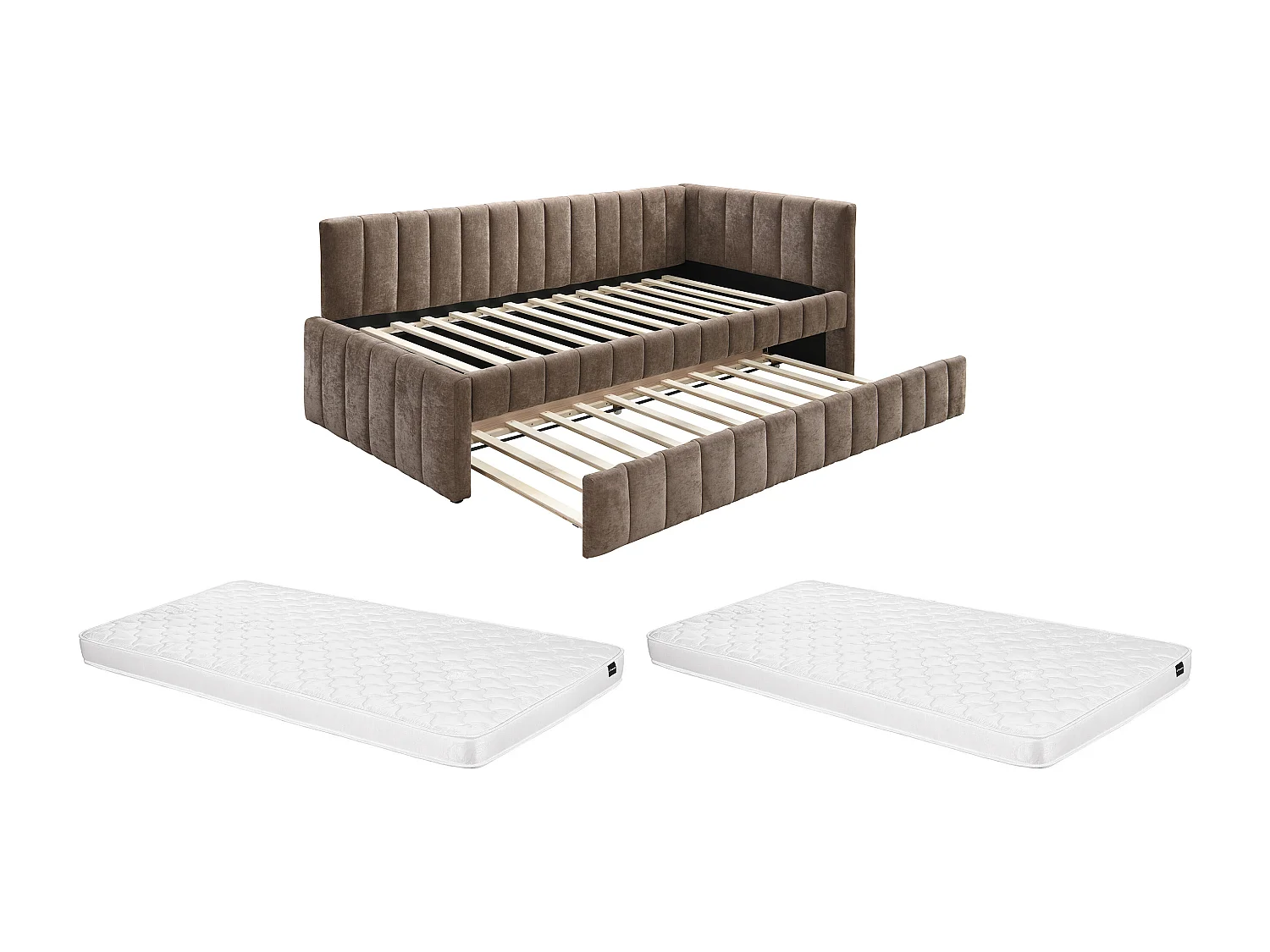 Lit banquette avec tiroir gigogne 90 x 190 cm - Tissu - Marron + Matelas - BAVOK