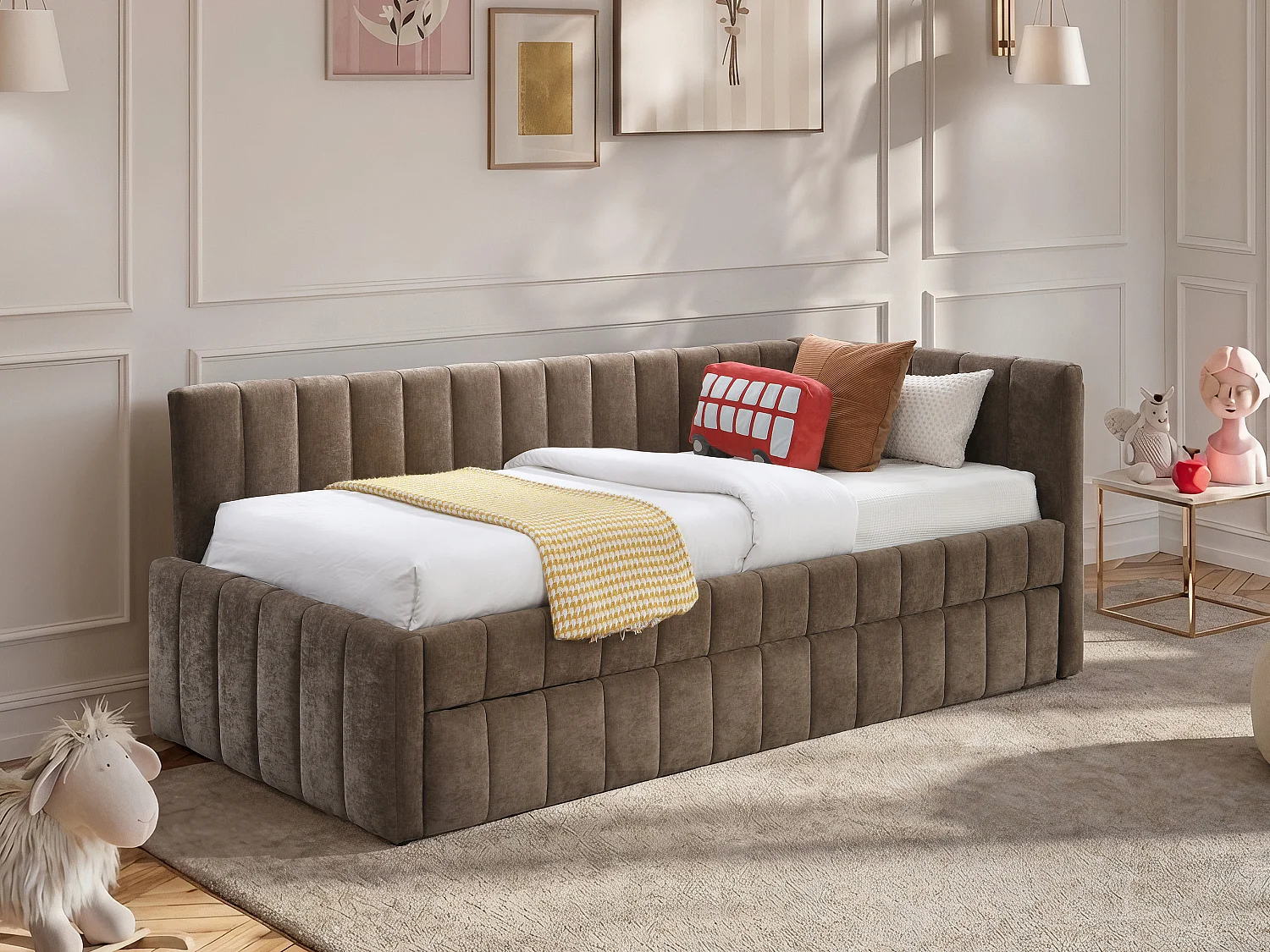 Lit banquette avec tiroir gigogne 90 x 190 cm - Tissu - Marron + Matelas - BAVOK
