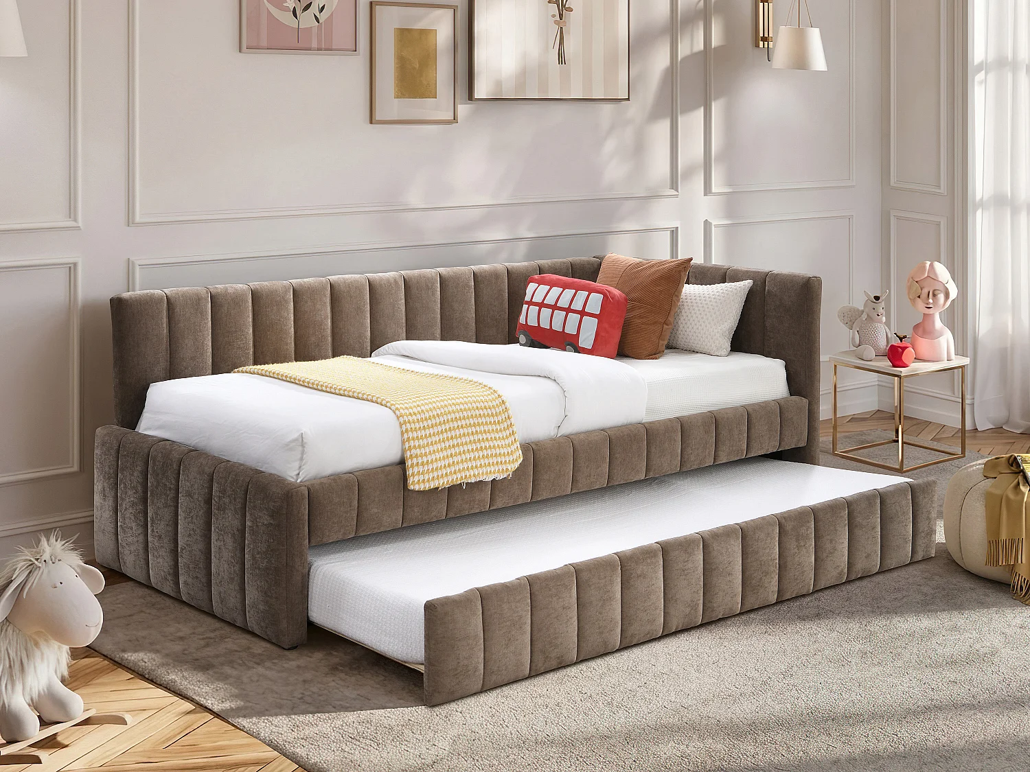 Lit banquette avec tiroir gigogne 90 x 190 cm - Tissu - Marron + Matelas - BAVOK