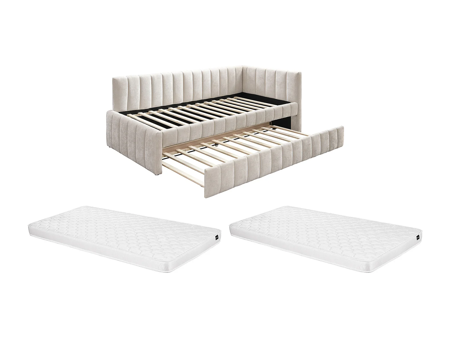 Lit banquette avec tiroir gigogne 90 x 190 cm - Tissu - Beige + Matelas - BAVOK