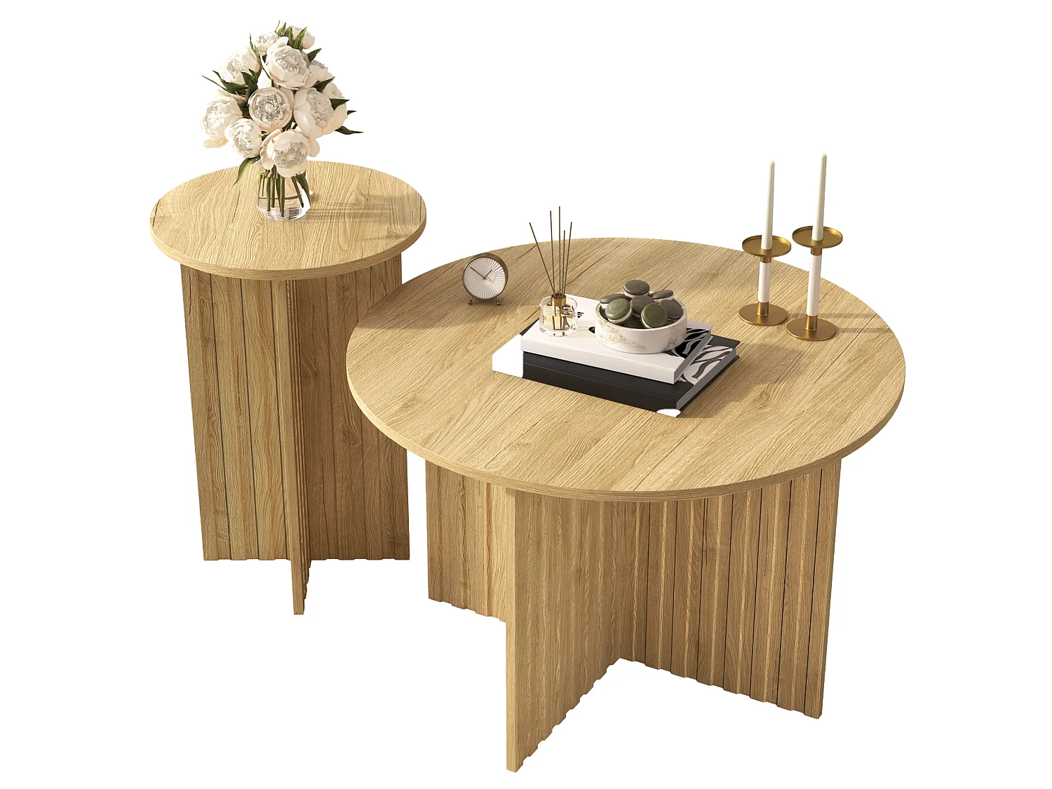 Ensemble de 2 tables gigognes en bois - Tables basses et tables d’appoint rondes, gain de place et polyvalentes, construction robuste en MDF/PB
