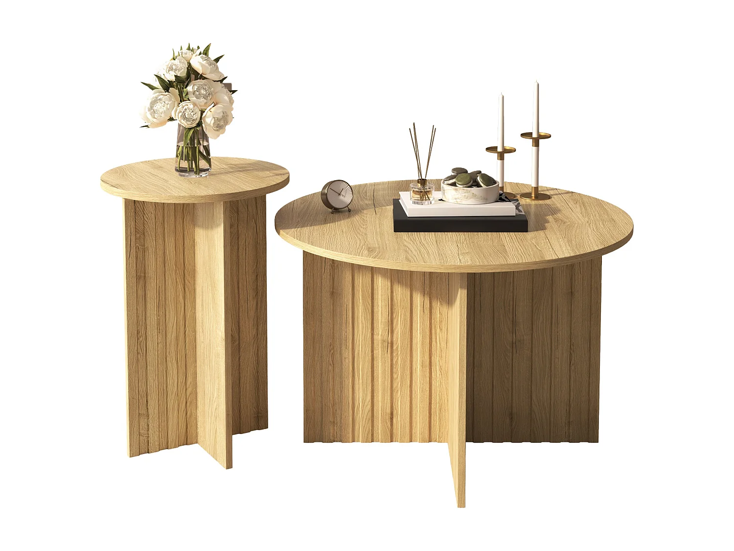 Ensemble de 2 tables gigognes en bois - Tables basses et tables d’appoint rondes, gain de place et polyvalentes, construction robuste en MDF/PB