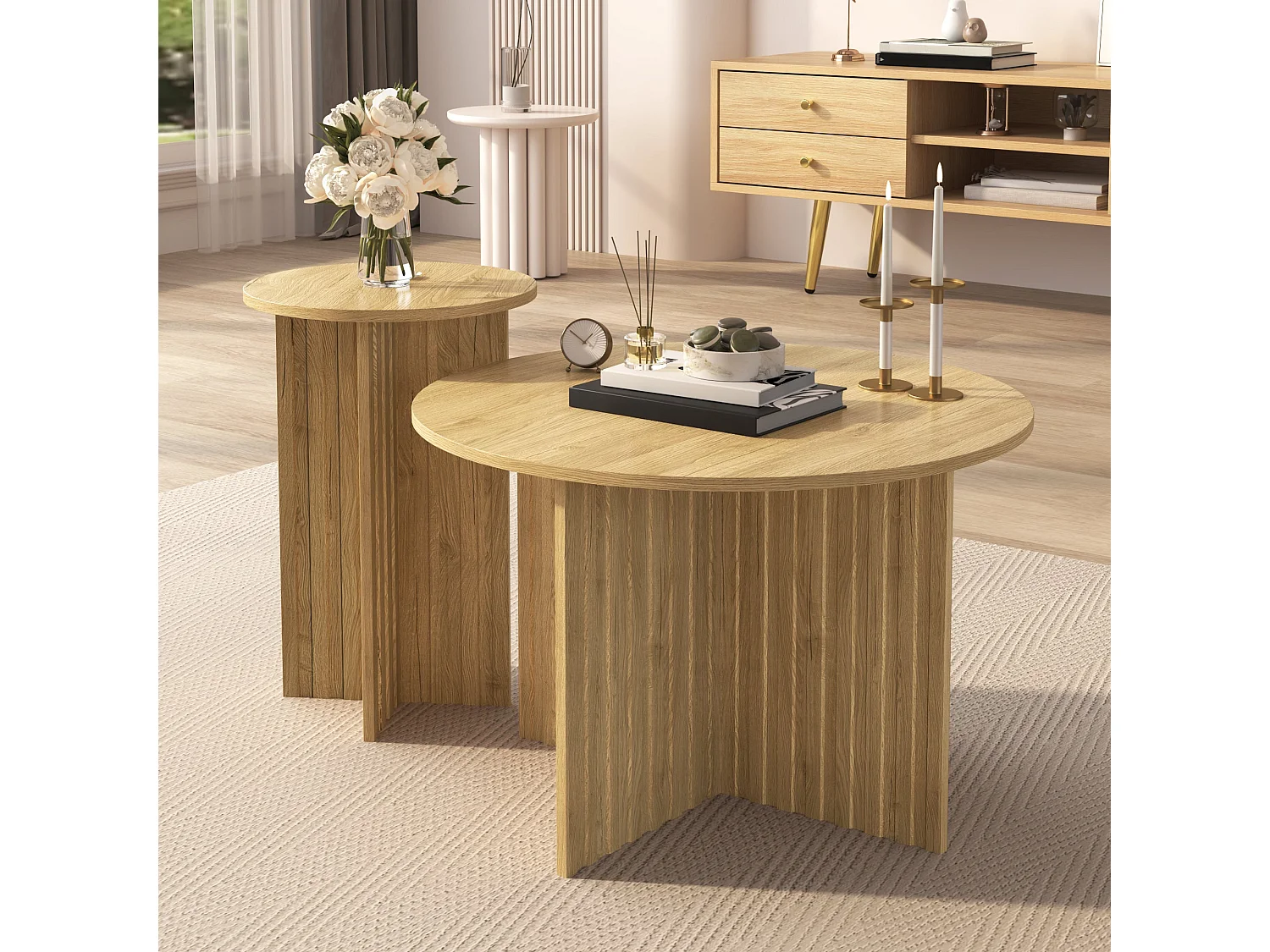 Ensemble de 2 tables gigognes en bois - Tables basses et tables d’appoint rondes, gain de place et polyvalentes, construction robuste en MDF/PB