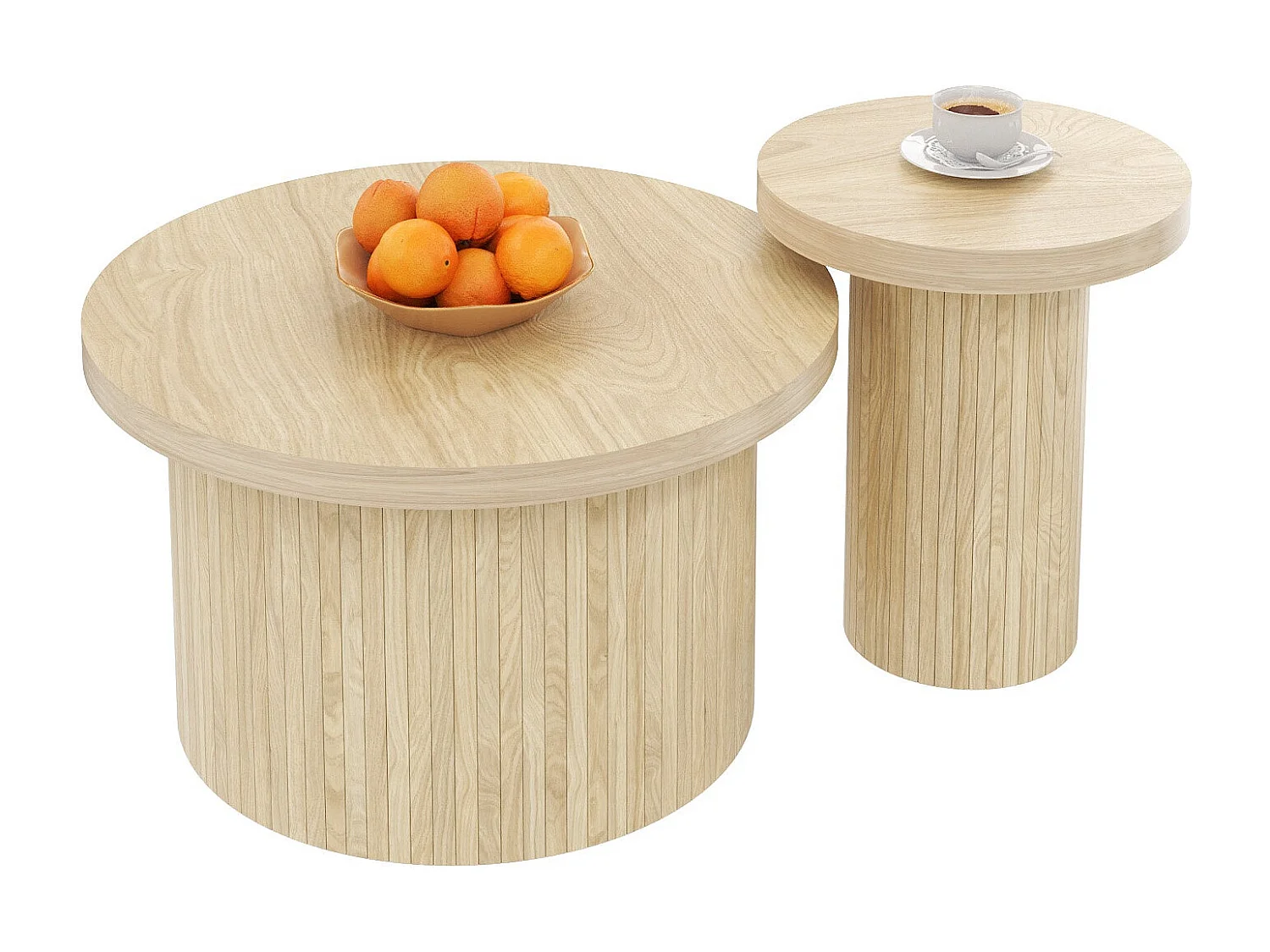 Ensemble de 2 tables basses rondes – Table basse et table d’appoint avec lattes en bois naturel, multifonctionnelle pour salon