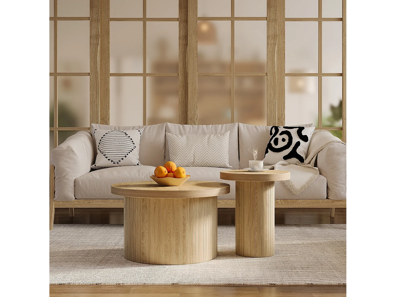Ensemble de 2 tables basses rondes – Table basse et table d’appoint avec lattes en bois naturel, multifonctionnelle pour salon