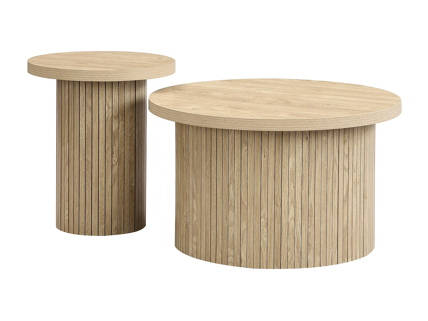 Ensemble de 2 tables basses rondes – Table basse et table d’appoint avec lattes en bois naturel, multifonctionnelle pour salon