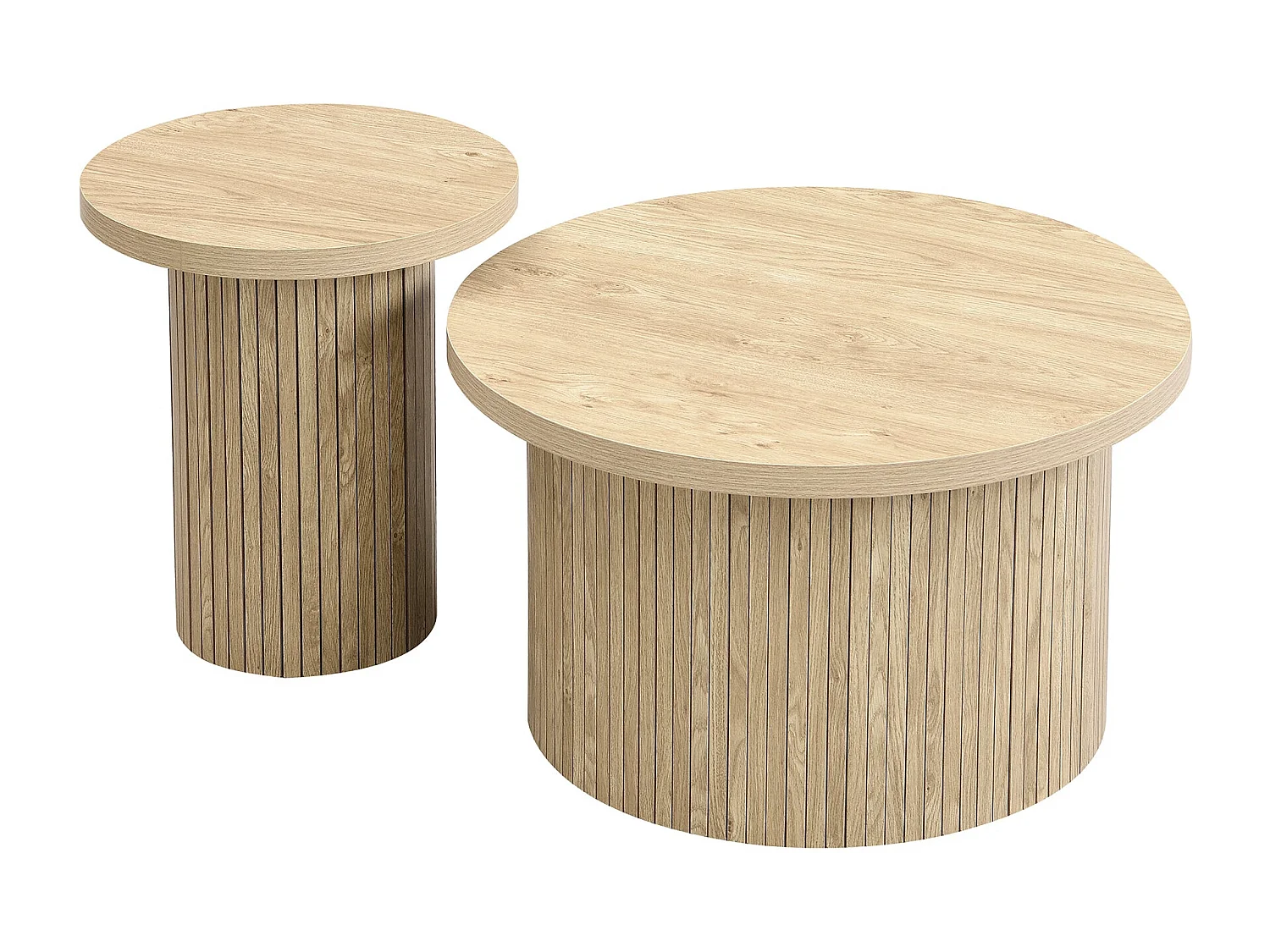 Ensemble de 2 tables basses rondes – Table basse et table d’appoint avec lattes en bois naturel, multifonctionnelle pour salon