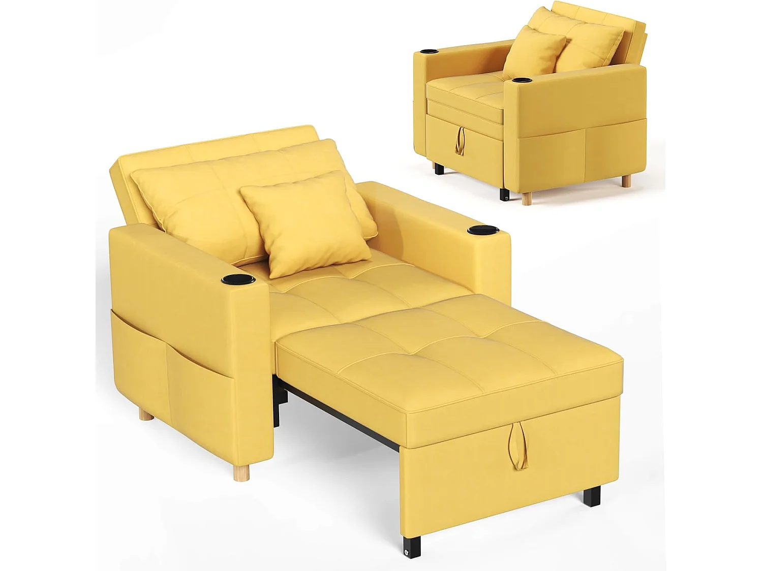 YODOLLA Gepolstertes Schlafsofa, 3-in-1 Schlafsessel mit Bettfunktion & verstellbarer Rückenlehne, Getränkehalter, Seitentaschen - 188 x 97 x 59 cm - Gelb
