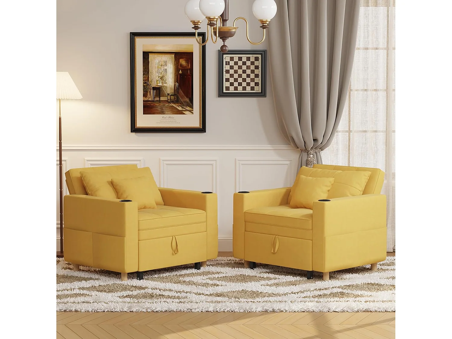 YODOLLA Gepolstertes Schlafsofa, 3-in-1 Schlafsessel mit Bettfunktion & verstellbarer Rückenlehne, Getränkehalter, Seitentaschen - 188 x 97 x 59 cm - Gelb