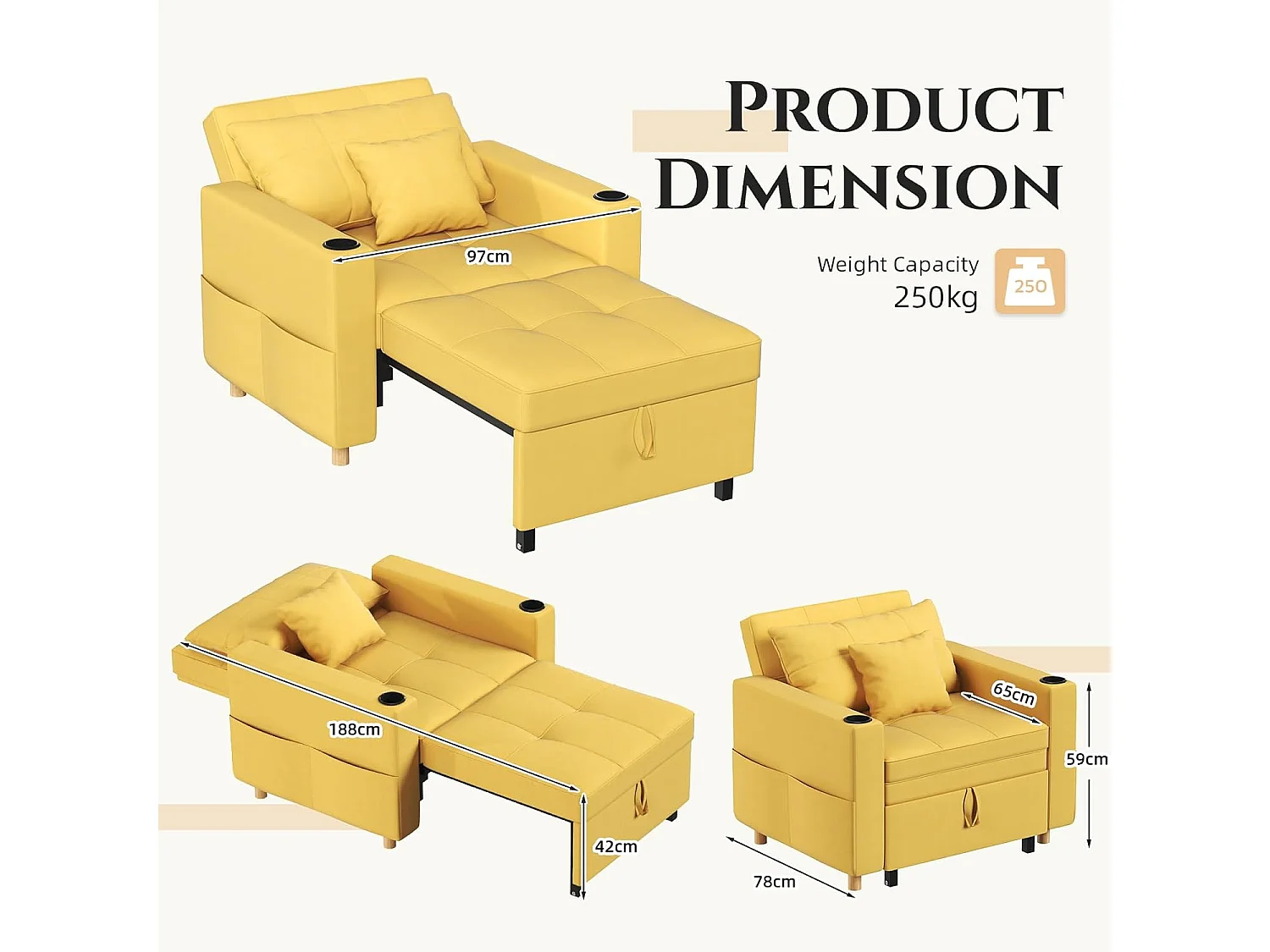 YODOLLA Gepolstertes Schlafsofa, 3-in-1 Schlafsessel mit Bettfunktion & verstellbarer Rückenlehne, Getränkehalter, Seitentaschen - 188 x 97 x 59 cm - Gelb