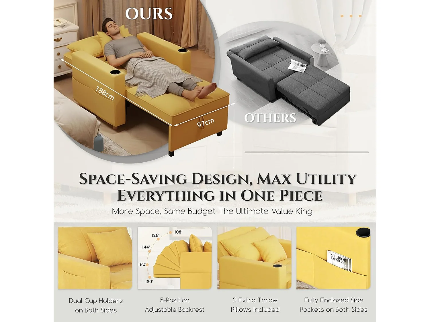 YODOLLA Gepolstertes Schlafsofa, 3-in-1 Schlafsessel mit Bettfunktion & verstellbarer Rückenlehne, Getränkehalter, Seitentaschen - 188 x 97 x 59 cm - Gelb