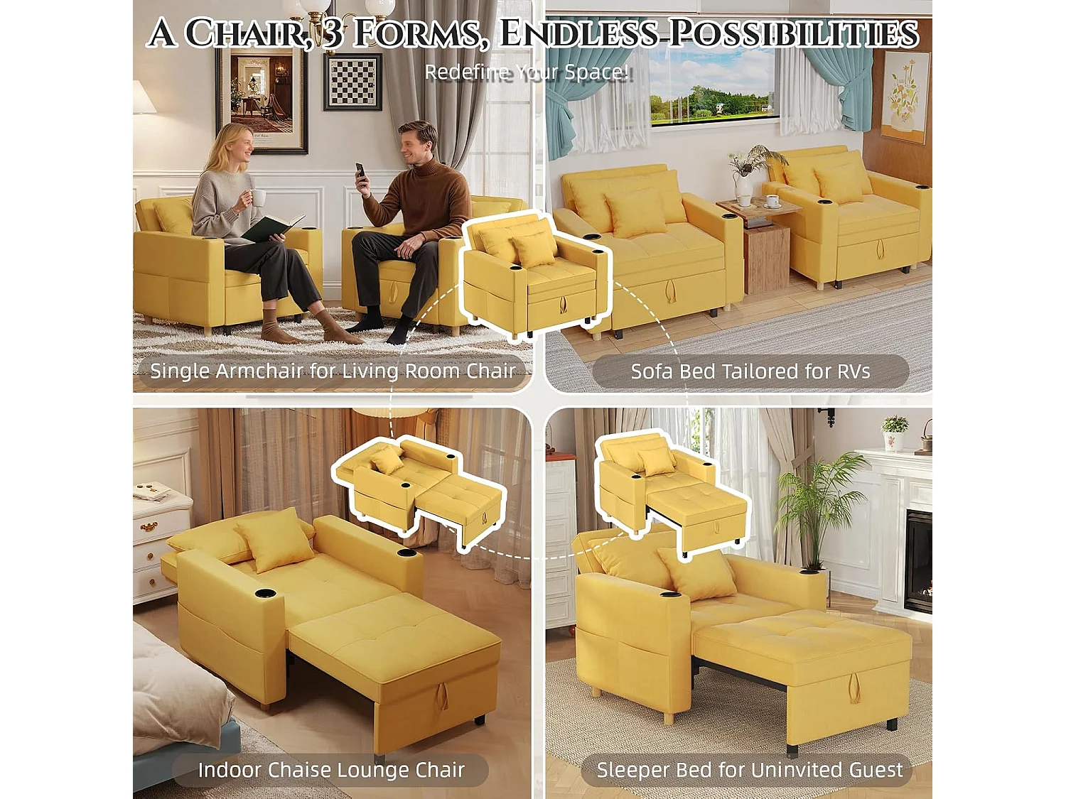 YODOLLA Gepolstertes Schlafsofa, 3-in-1 Schlafsessel mit Bettfunktion & verstellbarer Rückenlehne, Getränkehalter, Seitentaschen - 188 x 97 x 59 cm - Gelb