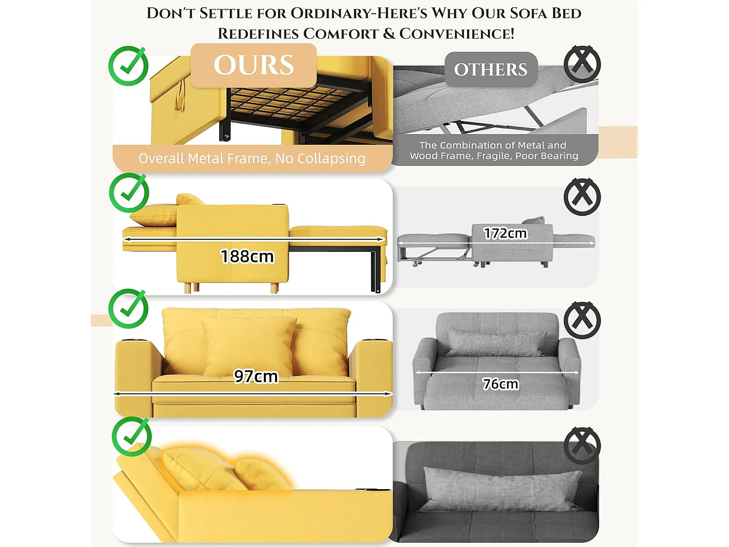 YODOLLA Gepolstertes Schlafsofa, 3-in-1 Schlafsessel mit Bettfunktion & verstellbarer Rückenlehne, Getränkehalter, Seitentaschen - 188 x 97 x 59 cm - Gelb