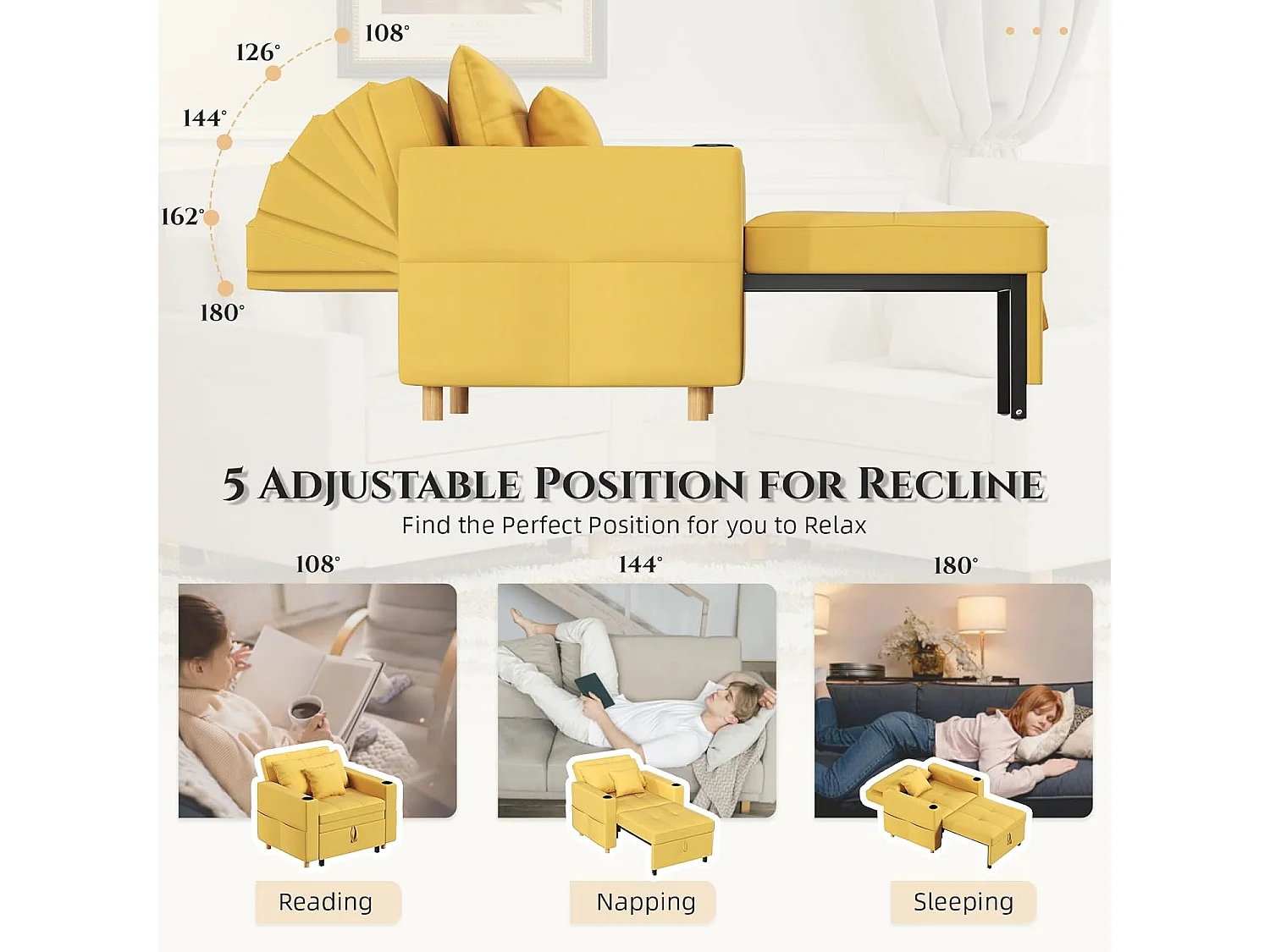 YODOLLA Gepolstertes Schlafsofa, 3-in-1 Schlafsessel mit Bettfunktion & verstellbarer Rückenlehne, Getränkehalter, Seitentaschen - 188 x 97 x 59 cm - Gelb
