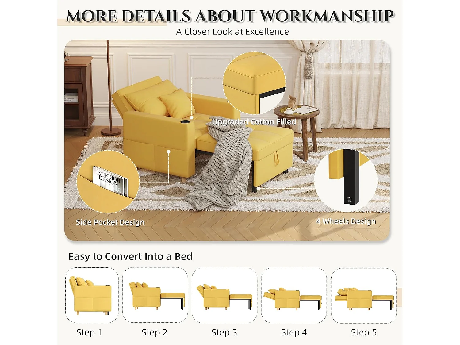 YODOLLA Gepolstertes Schlafsofa, 3-in-1 Schlafsessel mit Bettfunktion & verstellbarer Rückenlehne, Getränkehalter, Seitentaschen - 188 x 97 x 59 cm - Gelb