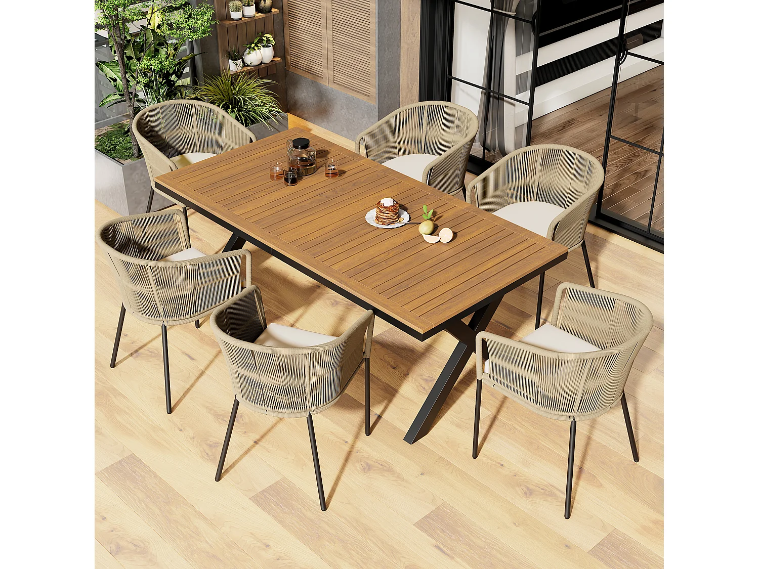 Ensemble de jardin 7 pièces, salon en corde, 6 fauteuils et 1 table, plateau en bois d’acacia, avec 6 coussins d’assise inclus