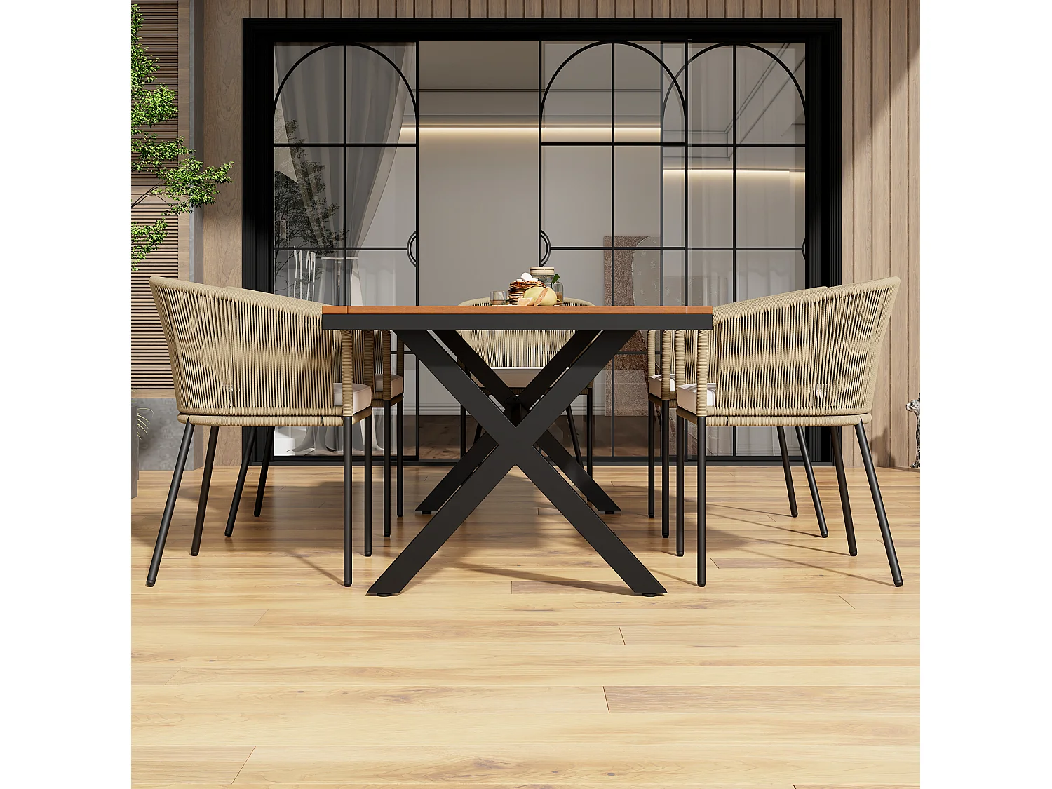 Ensemble de jardin 7 pièces, salon en corde, 6 fauteuils et 1 table, plateau en bois d’acacia, avec 6 coussins d’assise inclus