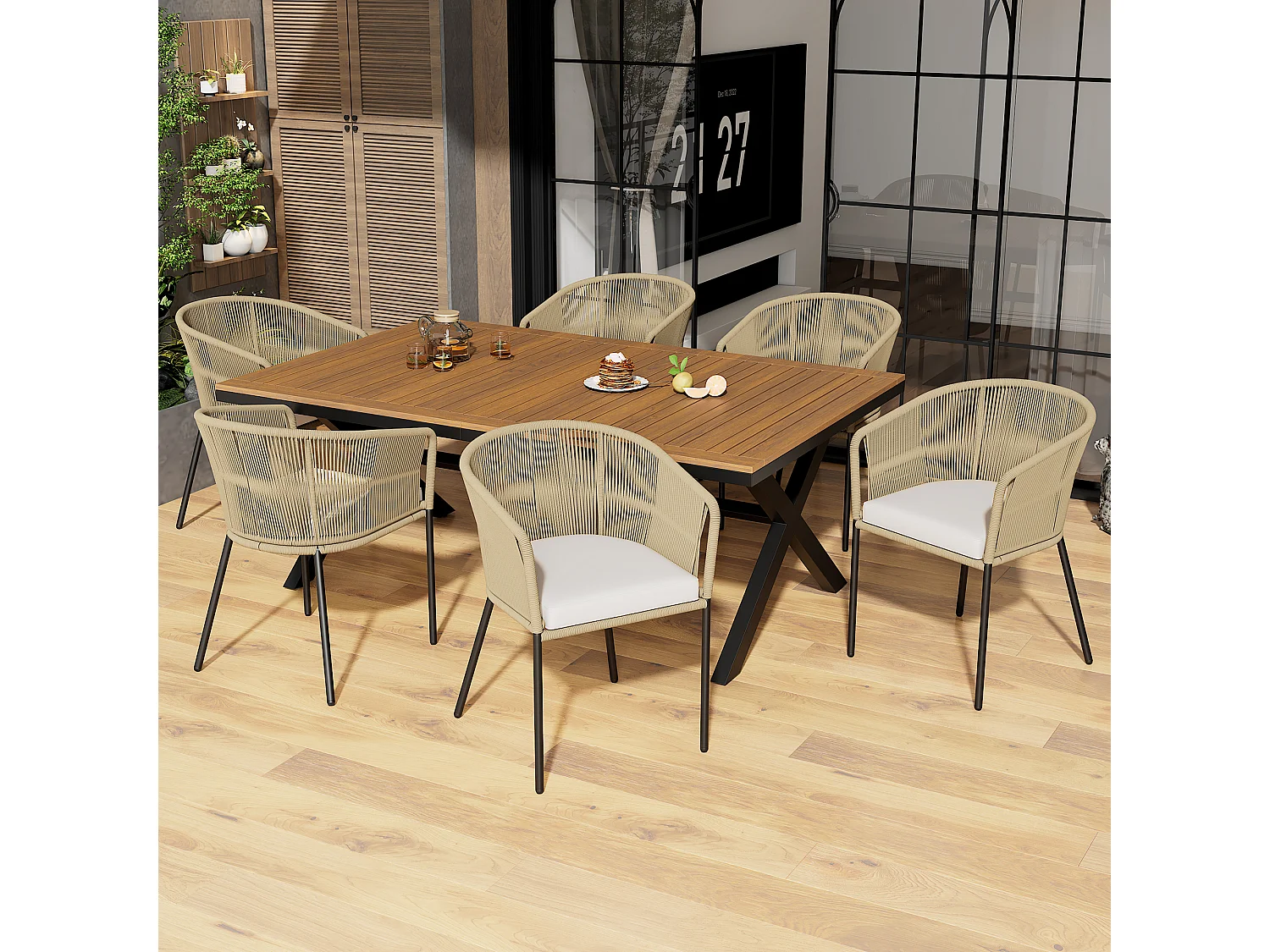 Ensemble de jardin 7 pièces, salon en corde, 6 fauteuils et 1 table, plateau en bois d’acacia, avec 6 coussins d’assise inclus