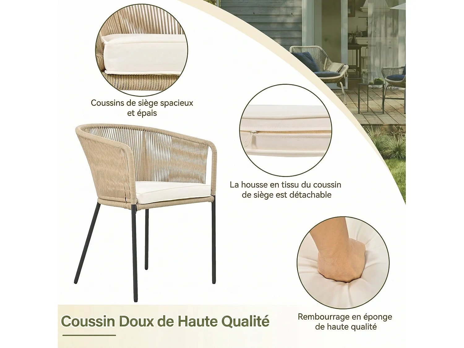 Ensemble de jardin 7 pièces, salon en corde, 6 fauteuils et 1 table, plateau en bois d’acacia, avec 6 coussins d’assise inclus