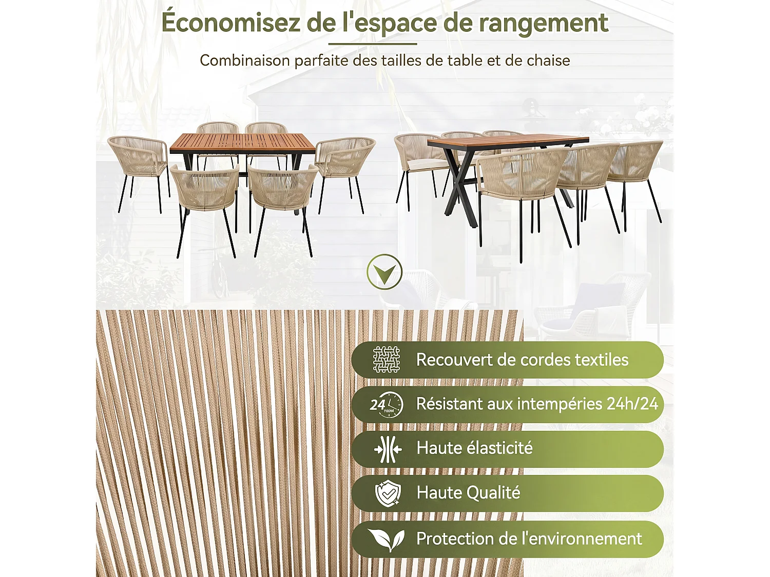 Ensemble de jardin 7 pièces, salon en corde, 6 fauteuils et 1 table, plateau en bois d’acacia, avec 6 coussins d’assise inclus
