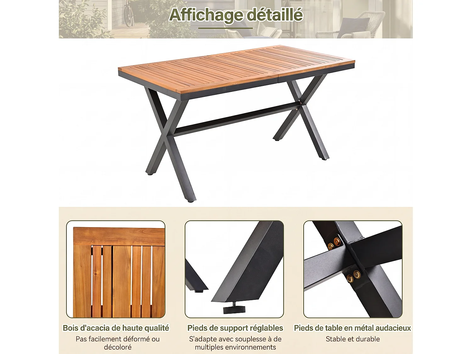 Ensemble de jardin 7 pièces, salon en corde, 6 fauteuils et 1 table, plateau en bois d’acacia, avec 6 coussins d’assise inclus