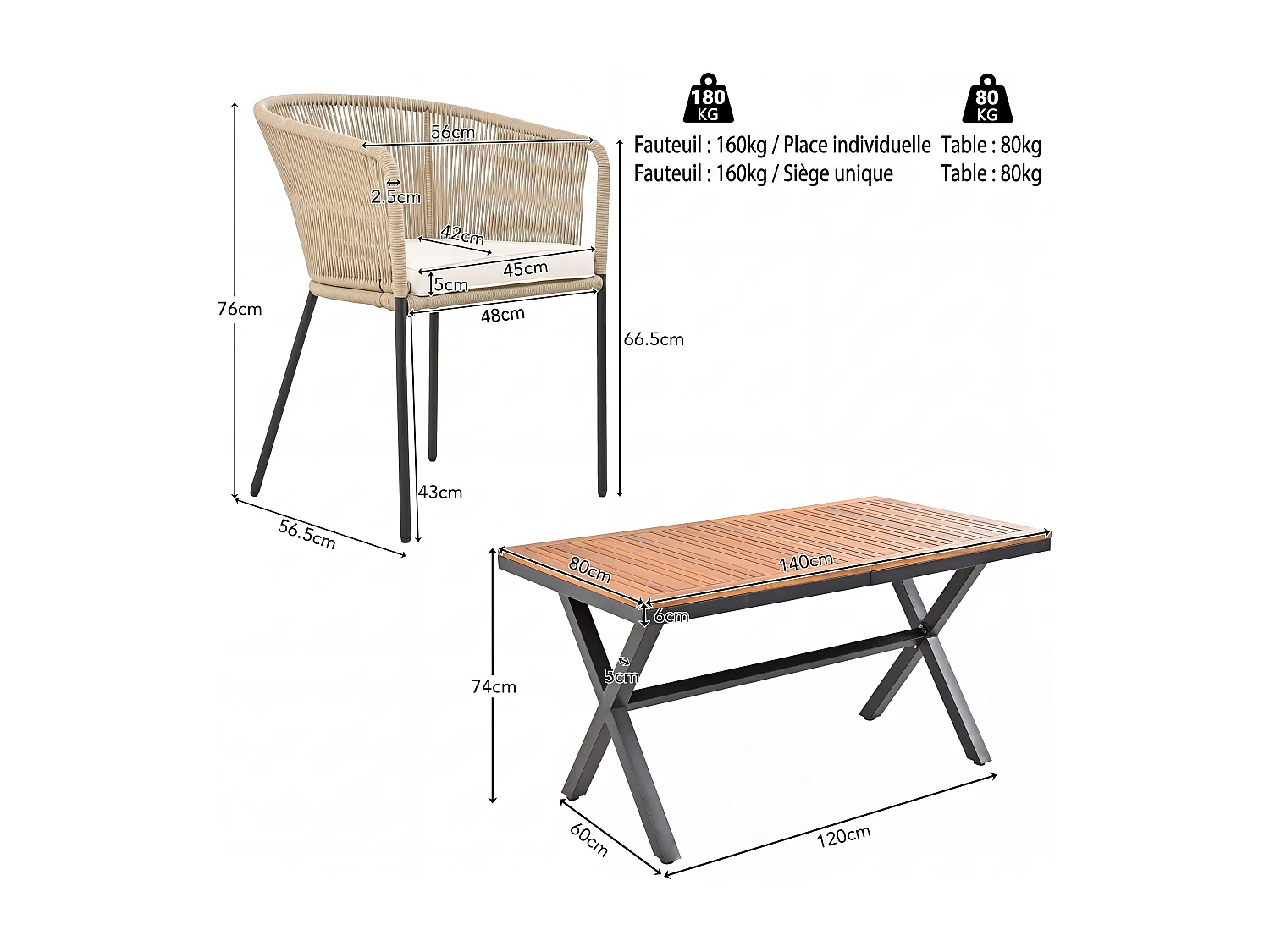 Ensemble de jardin 7 pièces, salon en corde, 6 fauteuils et 1 table, plateau en bois d’acacia, avec 6 coussins d’assise inclus