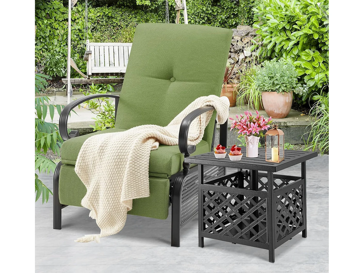 YODOLLA Relaxliege Gartenliege verstellbarer Metall-Liegestuhl mit Kissen, für Terrasse, Garten, Pool & Hinterhof, Grün