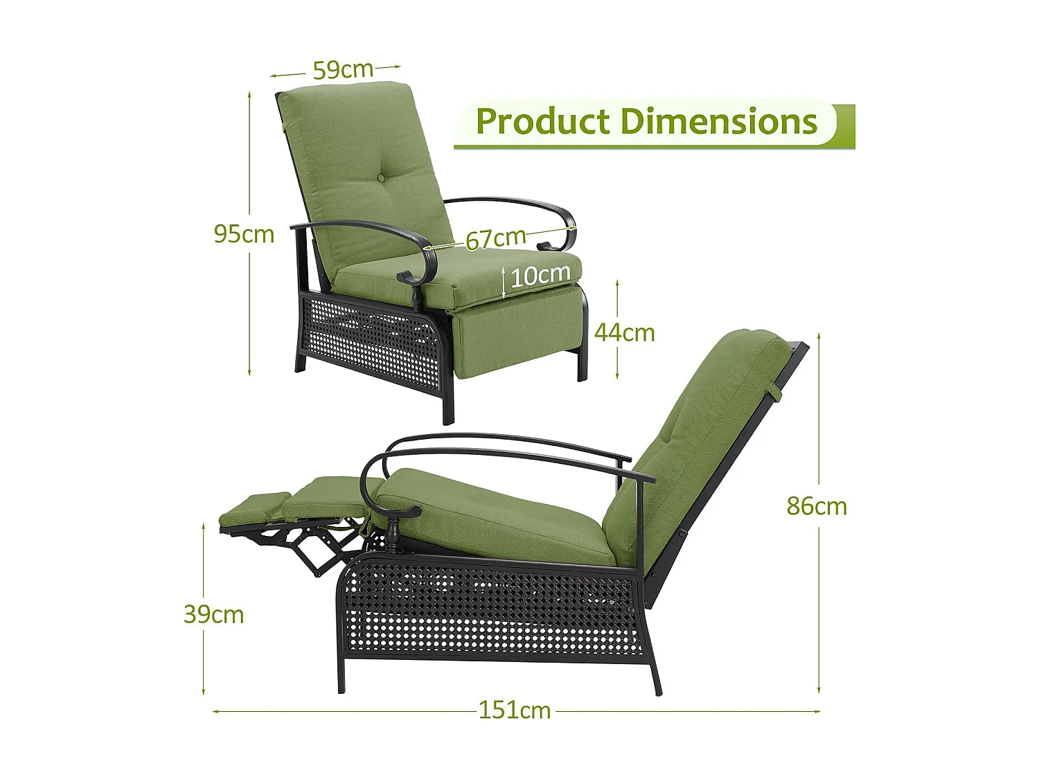 YODOLLA Relaxliege Gartenliege verstellbarer Metall-Liegestuhl mit Kissen, für Terrasse, Garten, Pool & Hinterhof, Grün