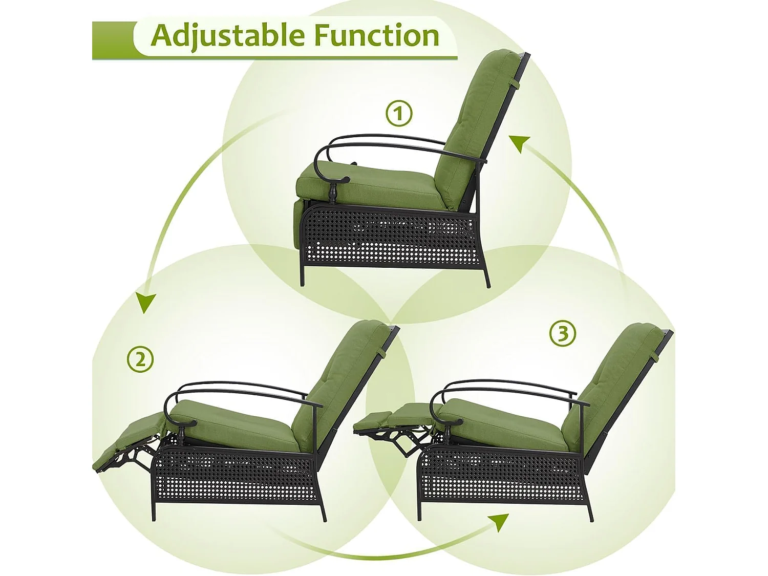 YODOLLA Relaxliege Gartenliege verstellbarer Metall-Liegestuhl mit Kissen, für Terrasse, Garten, Pool & Hinterhof, Grün