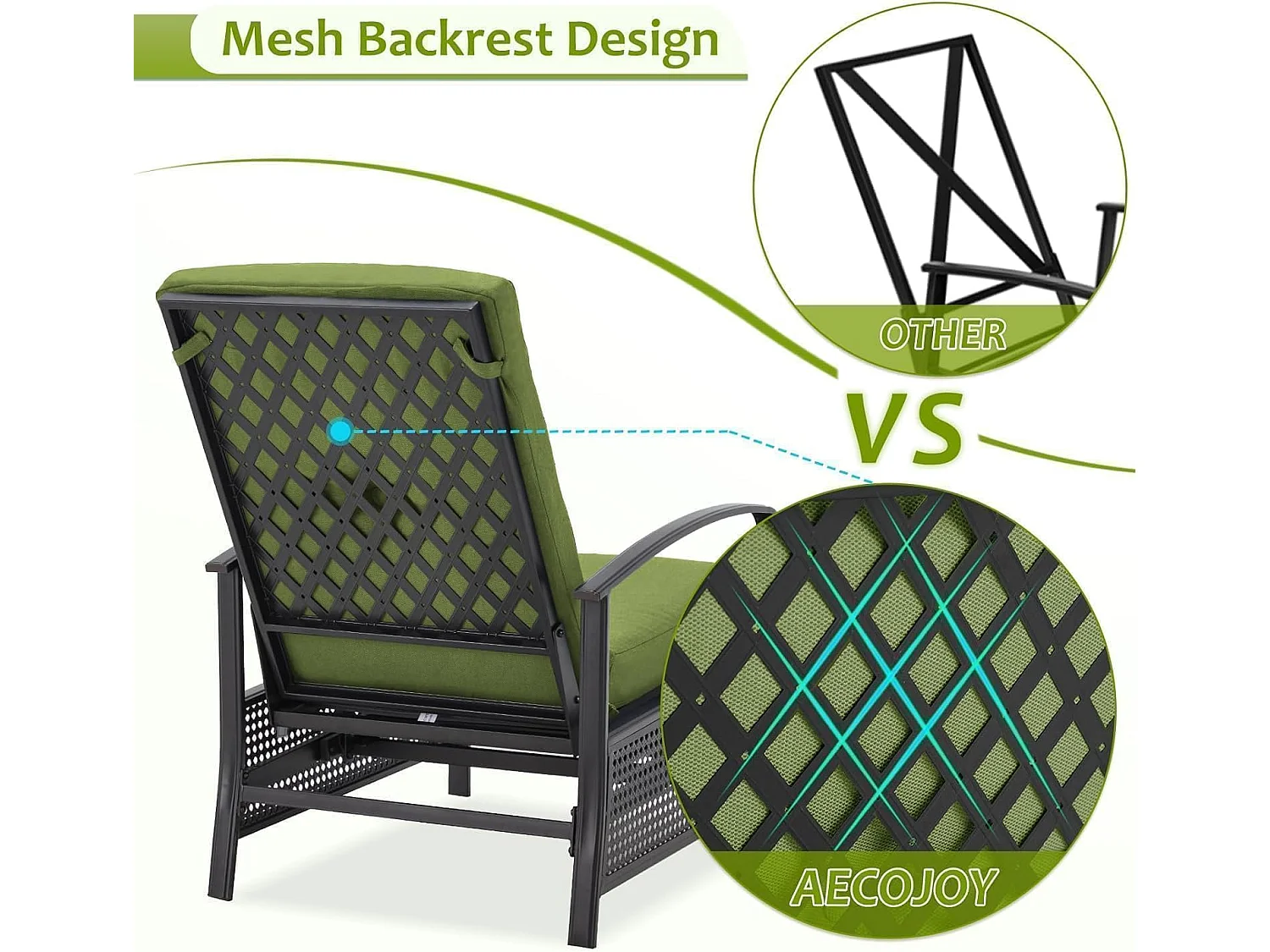 YODOLLA Relaxliege Gartenliege verstellbarer Metall-Liegestuhl mit Kissen, für Terrasse, Garten, Pool & Hinterhof, Grün