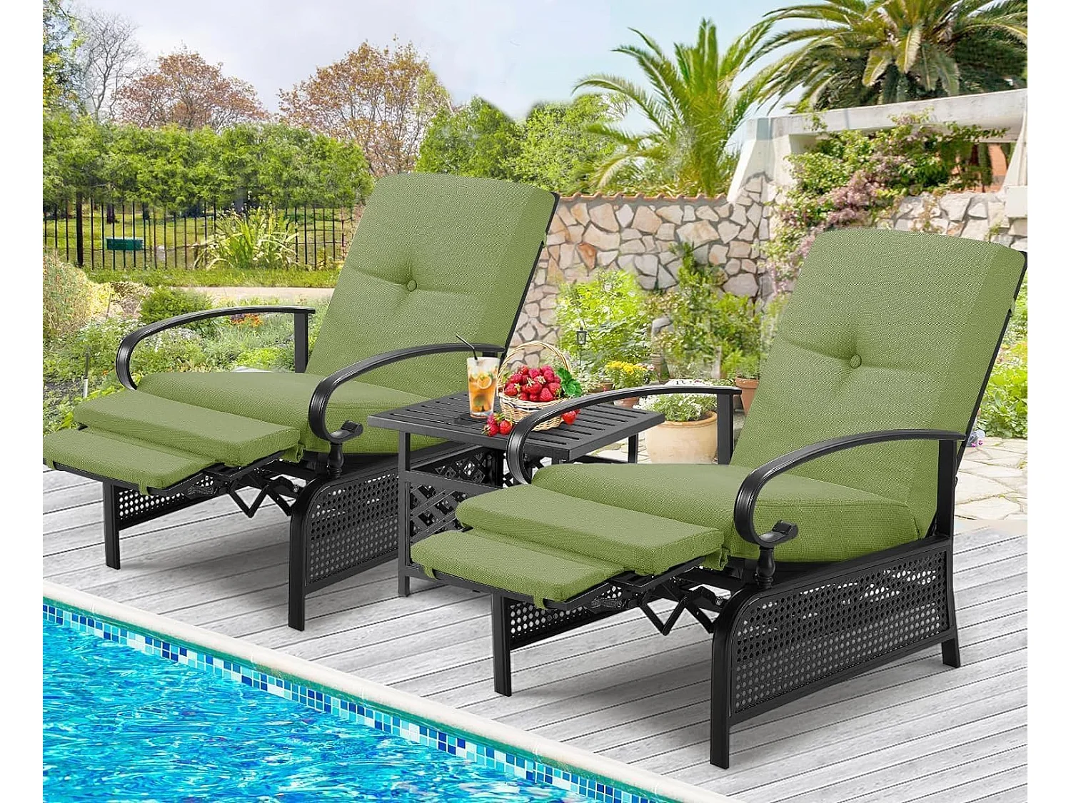 YODOLLA Relaxliege Gartenliege verstellbarer Metall-Liegestuhl mit Kissen, für Terrasse, Garten, Pool & Hinterhof, Grün