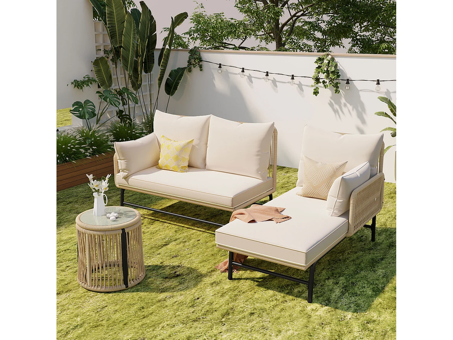 Ensemble de canapé de jardin beige, structure en acier + tressage en corde, mobilier d’extérieur en corde tressée, configuration modulable, forme en L