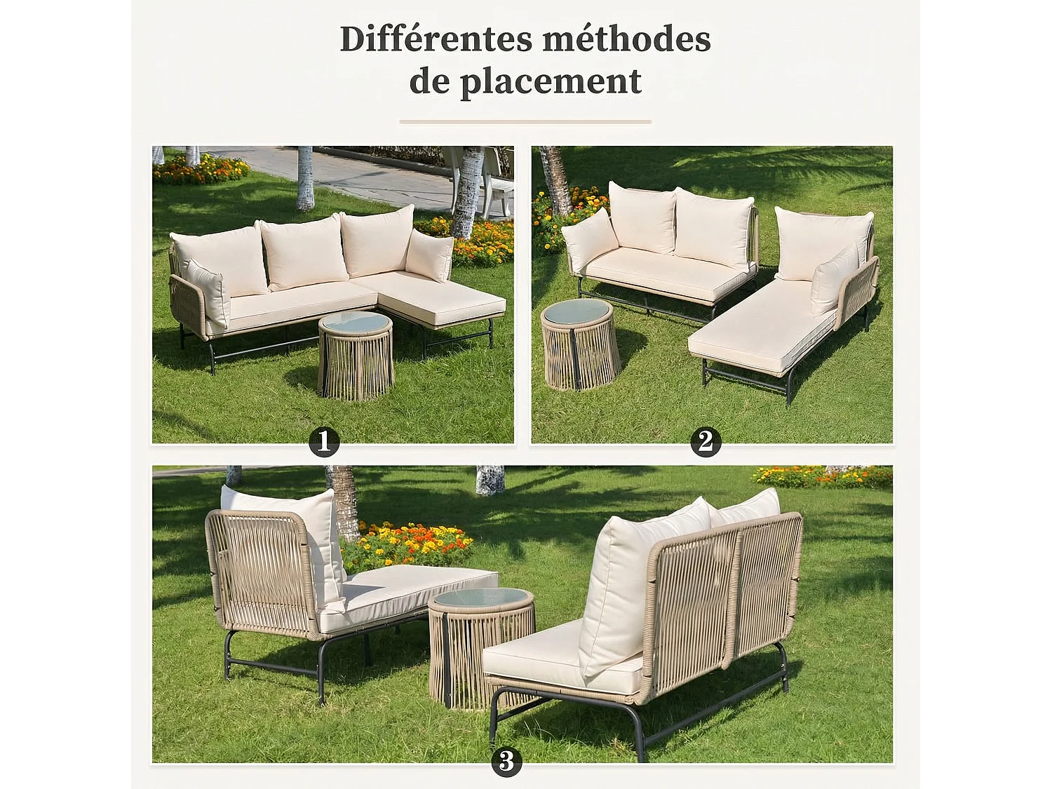 Ensemble de canapé de jardin beige, structure en acier + tressage en corde, mobilier d’extérieur en corde tressée, configuration modulable, forme en L