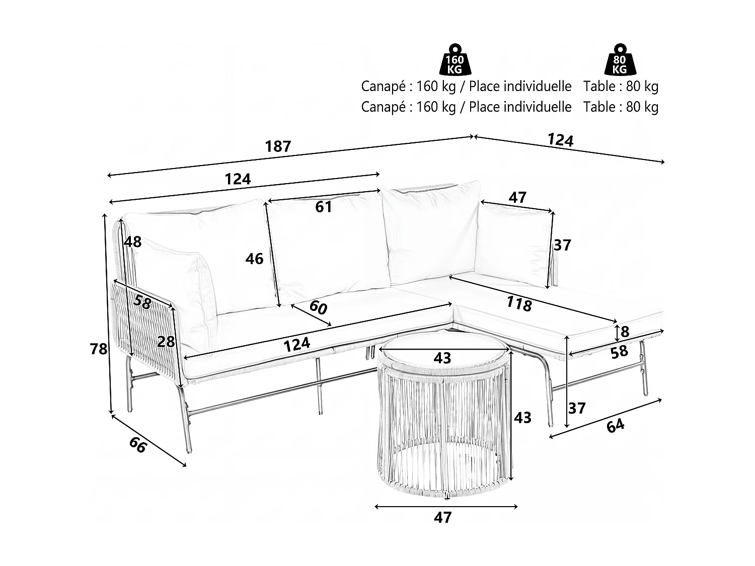 Ensemble de canapé de jardin beige, structure en acier + tressage en corde, mobilier d’extérieur en corde tressée, configuration modulable, forme en L