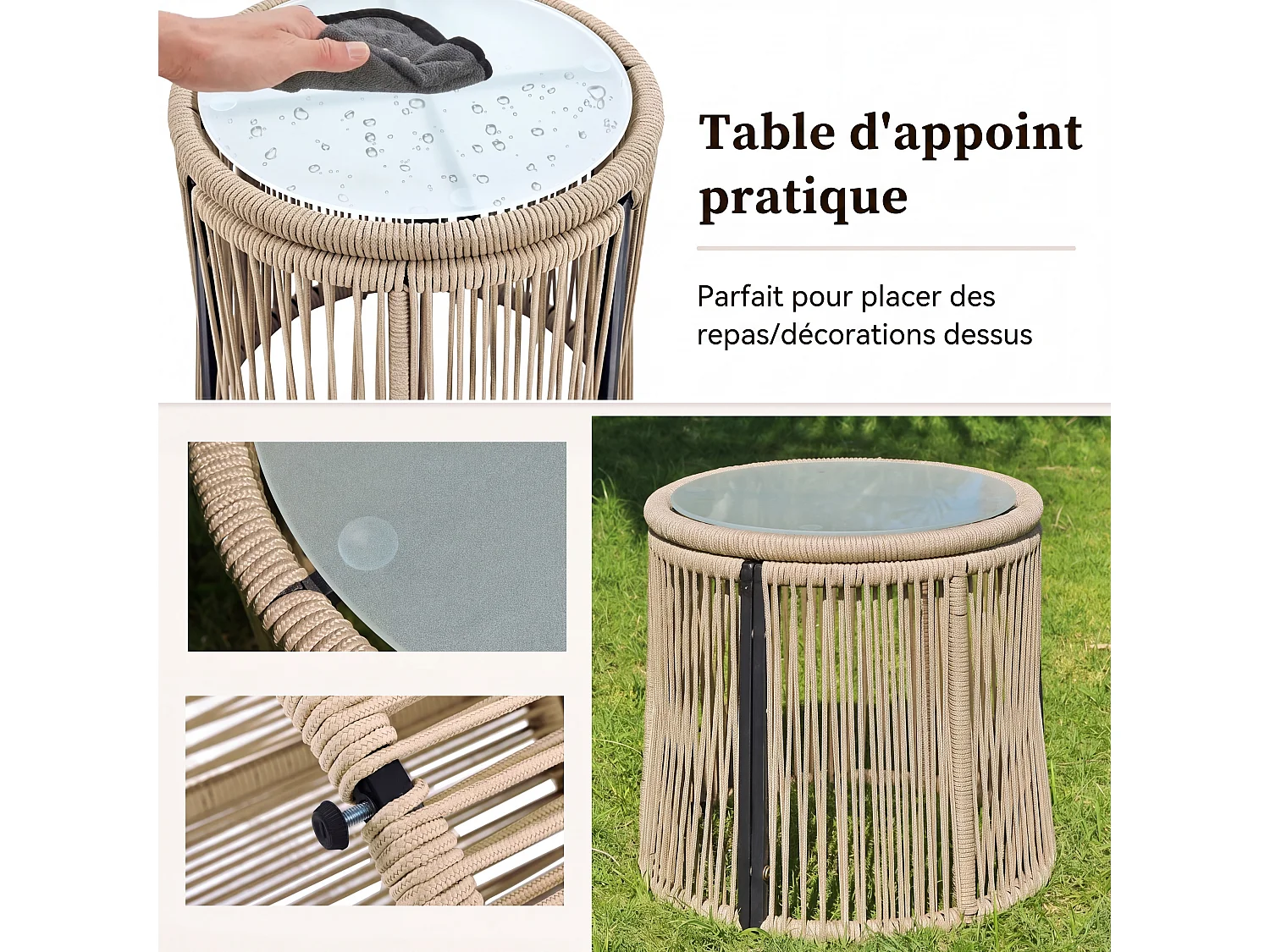 Ensemble de canapé de jardin beige, structure en acier + tressage en corde, mobilier d’extérieur en corde tressée, configuration modulable, forme en L